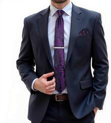 Silk Floral Necktie Set With Tie Clip, Handkerchief & Cufflinks - Paisley Ungu Tua - View 2