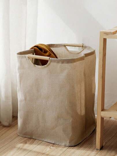 1pc Foldable Laundry Basket With Wooden Handle, Space-Saving Portable Hamper For Bathroom, Toilet, Laundry Room, And Beside Washing Machine, Sturdy Fabric Yet Lightweight Organizer For Clothes, T-Shirts, Shirts, Jeans, Underwear, Socks, And Dirty Laundry, Ideal For Spring Cleaning, Daily Chores, Travel, Dorm, Or Narrow Hallway Storage, Collapsible, Washable Interior Lining, Easy-Grip Handle, Keeps Clothes Neat And Dry, Great Gift For Busy Households