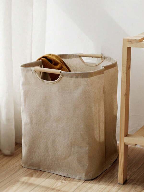 1pc Foldable Laundry Basket With Wooden Handle, Space-Saving Portable Hamper For Bathroom, Toilet, Laundry Room, And Beside Washing Machine, Sturdy Fabric Yet Lightweight Organizer For Clothes, T-Shirts, Shirts, Jeans, Underwear, Socks, And Dirty Laundry, Ideal For Spring Cleaning, Daily Chores, Travel, Dorm, Or Narrow Hallway Storage, Collapsible, Washable Interior Lining, Easy-Grip Handle, Keeps Clothes Neat And Dry, Great Gift For Busy Households