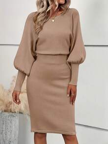 Women's Solid Color Round Neck Gigot Sleeve Fitted Elegant Knitted Dress, Autumn/Winter