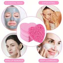 5pcs Pink Heart Shaped Compressed Facial Cleansing Sponges, Wood Pulp Fiber Expandable, Face Cleaning Makeup Puff, Suitable As Valentine's Day Gift For Girlfriend - Pink - View 2