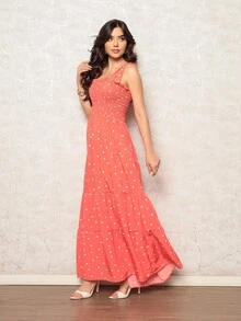 Long Dress With Elastic Straps / Crepe Polka Dot / 94% Polyester, 6% Elastane - 珊瑚橙 - 查看 4