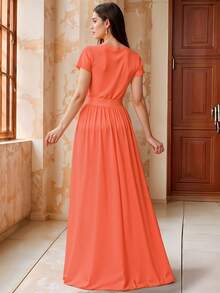 Vestido Largo de Cuello Redondo, Entallado de Manga Corta y Silueta Evasé Elegante para Mujer - Naranja - Ver 2