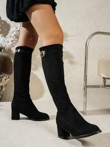 秋季新款女士过膝长靴，黑色保暖内衬高筒靴，弹力紧身靴，厚底显瘦长靴 - 黑色 - 查看 3