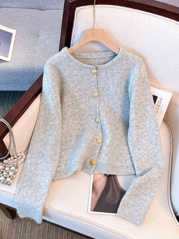 1pc Women's Solid Color Front Button Cardigan, Round Neck Casual Versatile Sweater Cardigan, Relaxed Fit Minimalist Sueteres De Mujeres With Metal Buttons Long Sleeve Sweater Cardigan