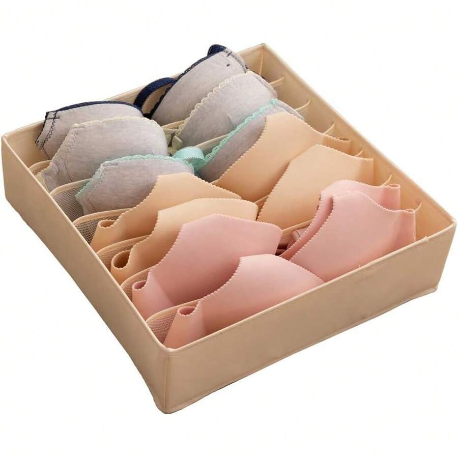 ALYER Collapsible Bra(A-C Cup) Drawer Organizer,Durable Cloth Storage Box Bins Dividers For Panties,Underwear,Socks,Lingerie(Beige-7 Cells)