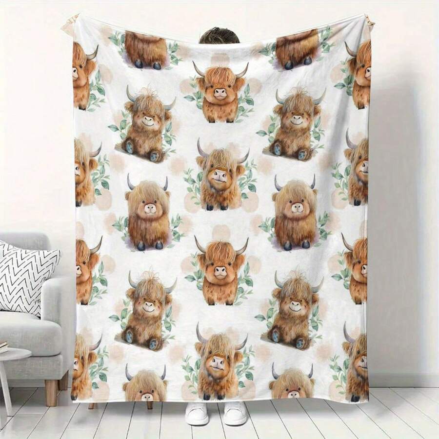 Cozy Floral Highland Cow Print Flannel Throw Blanket - Soft, Warm & Versatile For  , Adds A Modern Touch To Your Home, Creating A Comfortable Bedroom Style.   Suitable For All Seasons, Polyester,    Washable, Machine Washable, Lightweight, Breathable, Comfortable, Warm, Unique,280gsm, Suitable For Him And Her, Suitable For Napping, Camping, Traveling, Family, Daily Life Office Decoration, Birthday Anniversaries, Valentine's Day, Thanksgiving, Christmas, Halloween, Mother's Day, Father's Day, Weddings, New Year Gifts For Her, Him, Family, Boyfriend, Girlfriend Father, Family Member, Mother, Lover, Daughter, Son, Grandfather, Grandmother, Friend,  Classmate And Pet. Sofa,Bed,Car,Bedroom,Living Room,Office, Outdoor Camping, Beach,Wall Decoration Ships From USA - Multicolor 5 - View 1