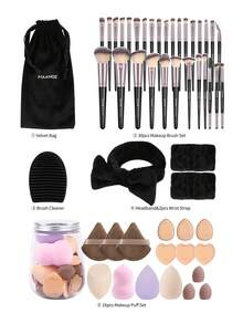 MAANGE 18pcs/20pcs/51pcs Professional Makeup Brush Set, Includes 18 Pcs Face Makeup Brushes, 1 Makeup Sponge And 1 Velvet Makeup Bag, Containing Powder Brush, Blush Brush, Foundation Brush, Contour Brush, Eyeshadow Brush, Eyebrow Brush, Eyeliner Brush And Smudge Brush. The Makeup Tools Are Made Of Soft, Skin-Friendly Fiber Material, Easy To Carry. It Is An Ideal Gift For Women And Girls. The Set Contains Various Makeup Brushes, A Perfect Combination Of Makeup Tools. - Black - View 4