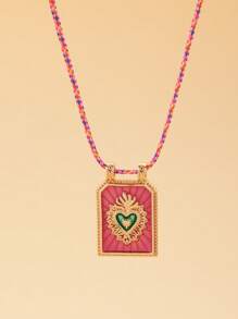 1pc Fashionable Minimalist Colorful Heart-Shaped Tarot Card Pendant Necklace, Suitable For Holidays Gift And Daily Wear