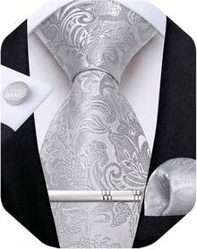 Conjunto de corbata de seda con estampado floral, incluye pinza de corbata, pañuelo y gemelos - Paisley gris plateado - Ver 1