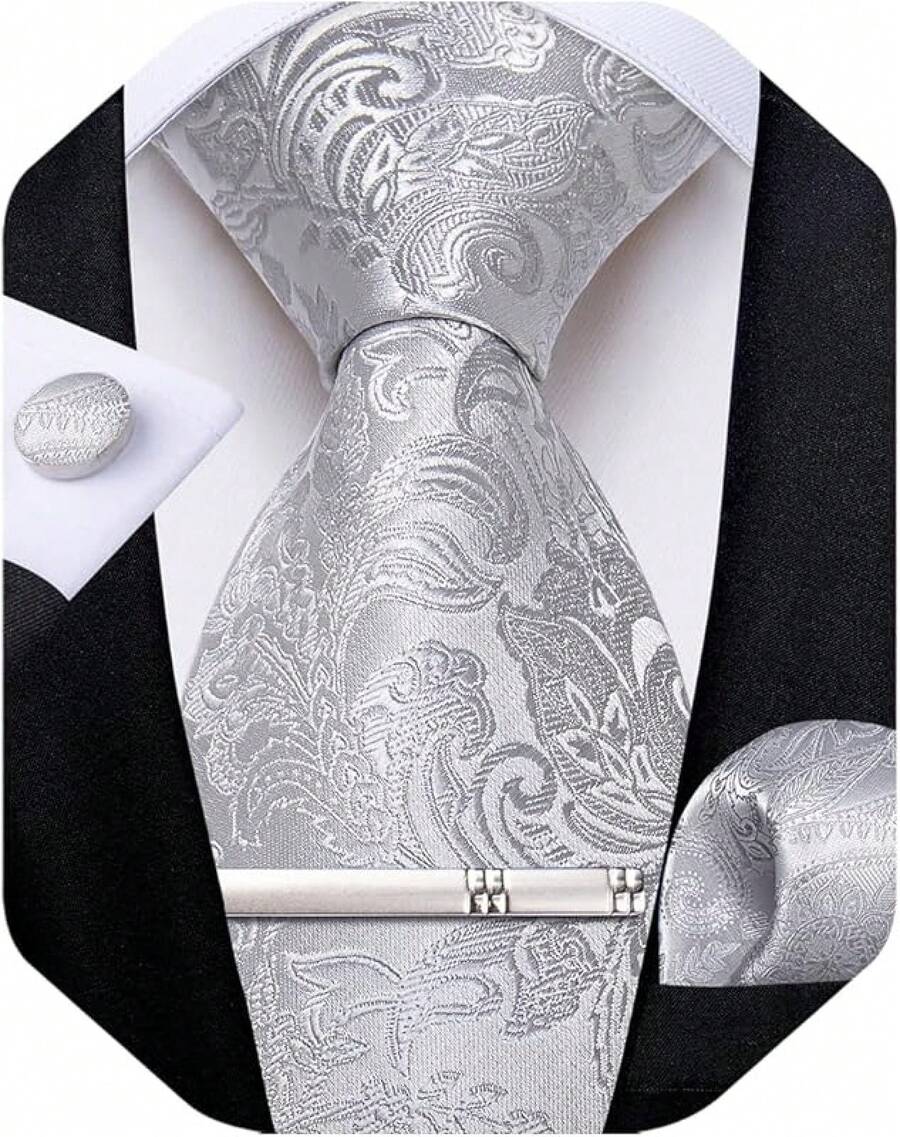 Conjunto de corbata de seda con estampado floral, incluye pinza de corbata, pañuelo y gemelos - Paisley gris plateado - Ver 1