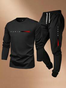 男士春秋字母印花休闲两件套，包含长袖 T 恤和抽绳腰裤，适合送给丈夫/男朋友的礼物、街头、通勤、户外