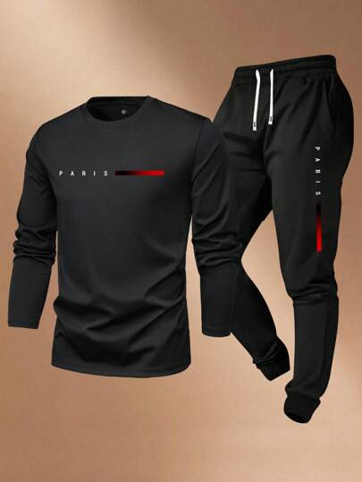 Men's Spring/Autumn Letter Print Casual 2 Pieces Set, Includes Long Sleeve T-Shirt And Drawstring Waist Pants, Suitable For Husband/Boyfriend Gift, Street, Commute, Outdoor