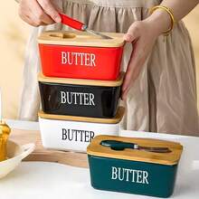 1 件陶瓷黄油碟/油储存容器，带不锈钢刮刀和盖子、竹盖和硅胶密封圈，适用于厨房配件、食品储存、万圣节/亡灵节礼物 - 有黑色/绿色/蓝色/白色可选 - 彩色 - 查看 11