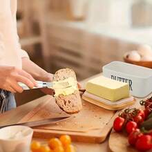 1 件陶瓷黄油碟/油储存容器，带不锈钢刮刀和盖子、竹盖和硅胶密封圈，适用于厨房配件、食品储存、万圣节/亡灵节礼物 - 有黑色/绿色/蓝色/白色可选 - 彩色 - 查看 6