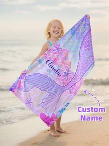 Toalha de praia infantil personalizada, presente de aniversário de verão, clima de verão, viagem de meninas à praia, toalha de praia personalizada, piscina, decoração de praia, para família, sereia - Multicolorido - Ver 2