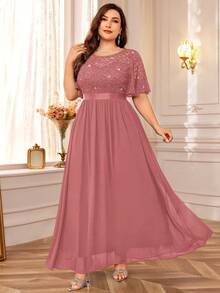 MIUSOL Plus Sequin Floral Lace Butterfly Sleeve Chiffon Pleated Hem Evening Party Long Dress - Bụi hồng - Xem 6