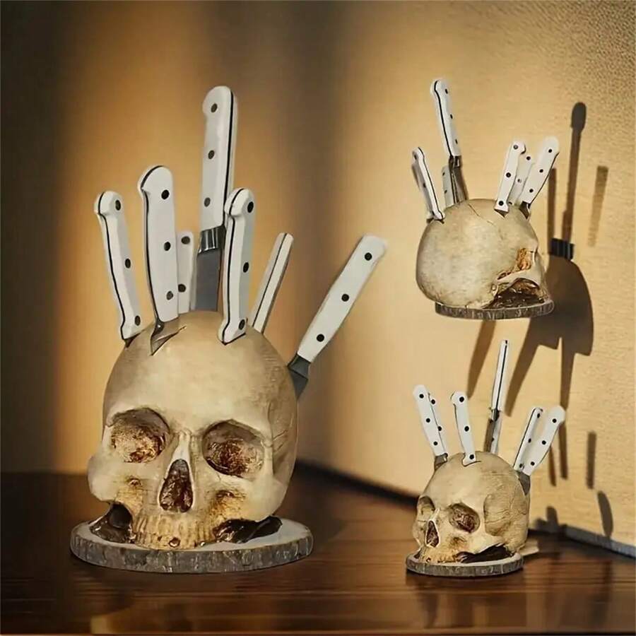 Creative Skull Knife Holder, Resin Decor, Horror Atmosphere Decoration, Skull Knife Rack For Kitchen, Skull Utensil Storage, Kitchen Decor, Horror Style Kitchen Organizer, Party Storage Rack, Grey - Multicolor - View 1