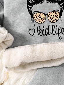 少女卡通印花保暖连帽衫和运动裤套装 - 灰色 - 查看 5