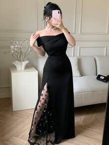 abyoxi Black Color Sexy Off-Shoulder Luxury 3D Floral Off-Shoulder Fashion Elegant Romantic Party Dress,Homecoming,Spring/Summer New Women's Dresses - Black - View 4