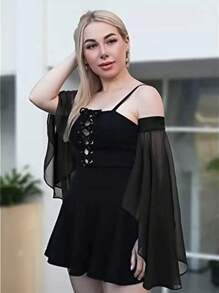 1对优雅女士可拆卸长袖雪纺臂套，适合欧美跨境新娘的单层袖，薄雪纺系带弹力透气走秀可拆卸喇叭袖蝙蝠袖，适合日常婚礼穿着，时尚装饰配饰