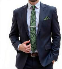 Silk Floral Necktie Set With Tie Clip, Handkerchief & Cufflinks - Olive Green - View 7