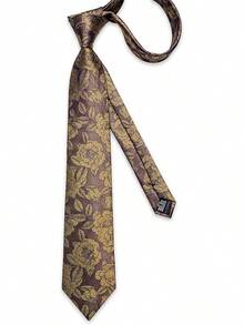 Silk Floral Necktie Set With Tie Clip, Handkerchief & Cufflinks - Brown and Yellow - View 9