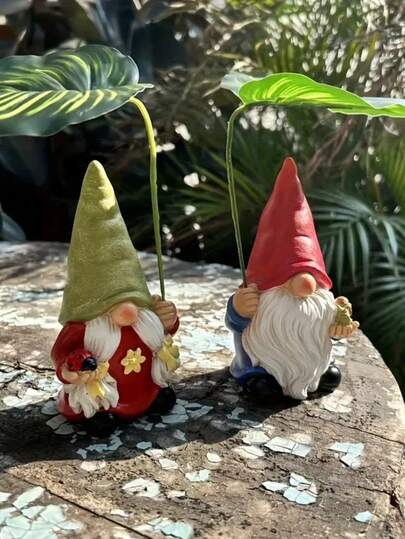 带叶形礼帽的侏儒 - 质朴的树脂花园雕像，工艺精细，无需电力，非常适合万圣节和户外家居装饰，花园装饰，新颖的设计，精湛的工艺