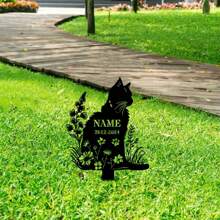 [个性化猫咪纪念] 定制金属猫咪纪念桩 - 个性化姓名和日期，防风雨花卉设计花园装饰