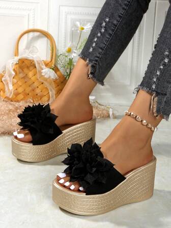 优雅蝴蝶结女鞋，夏季防水厚底凉鞋，厚底坡跟拖鞋，适合派对和度假，高跟穆勒鞋，轻便厚底夏季坡跟凉鞋，露趾露跟沙滩拖鞋，甜美可爱增高凉鞋，百搭黑色坡跟凉鞋