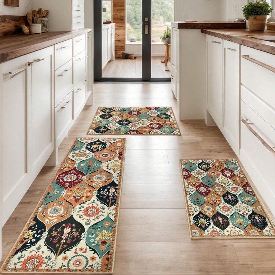 Boho 3 Piece Kitchen Rug Set Washable Non Slip Kitchen Mats For Floor Decorative Bohemian Kitchen Rugs And Runners Floor Mat For Hallway Laundry Room Sink - 20"x32"+24"x35"+20"x60"+colorful - View 1