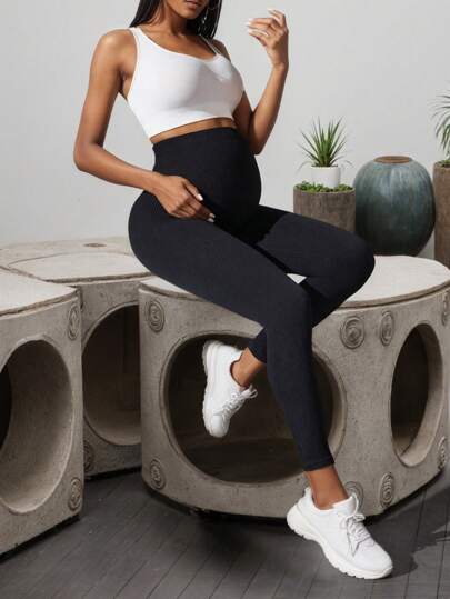 Maternity Solid Color High Waist Ribbed Slim Casual Pants