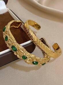18K 镀金不锈钢奢华祖母绿手镯套装，适合女士，含方晶锆石，适合妈妈、教师、夏季旅行海滩珠宝、波西米亚风格珠宝、狂欢/舞会/派对/日常配饰、返校礼物、生日礼物、伴娘礼物、圣诞礼物