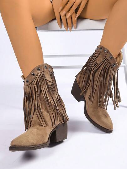 女士时尚西部靴，户外流苏西部中筒靴，套脚女靴，新款秋冬尖头粗跟时尚英伦踝靴，优雅百搭经典套脚流苏踝靴，适合户外、派对、宴会、日常穿着