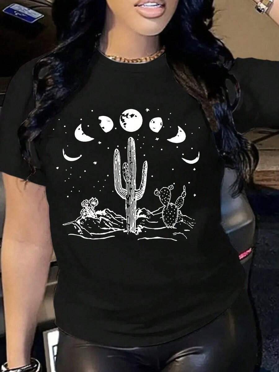 Camiseta casual de manga corta para mujer con estampado de cactus y lunas - Negro - Ver 1