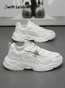 Men's Black & Grey Leather Mesh Patchwork Design Comfortable Breathable Sneakers, Fashionable Casual Outdoor Sports Shoes