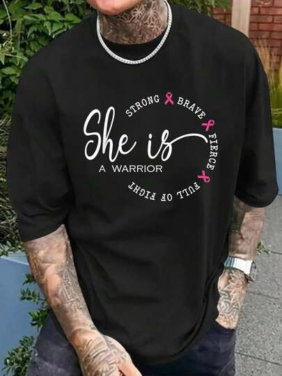 100% Cotton Men Black T-Shirt She Is A Warrior Strong Brave Pink Breast Cancer Awareness T-Shirt
