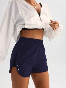 FWH High Waist Slimming Yoga Shorts With Side Slit, Stretchy Workout Shorts For Fitness And Casual Wear - Navy Blue - View 5