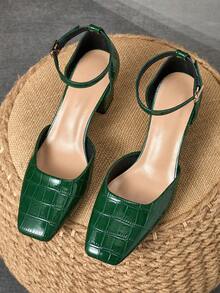 WHDXY 1 Pair Women's Square Toe Basic Solid Buckle Closure High Heel Pumps, Sexy 7CM Chunky Heel Office Lady Dress Shoes - Green - View 3