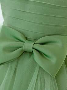 女婴V领蝴蝶结荷叶边网纱可爱婚纱，适合生日派对，不含头饰 - 綠色 - 查看 8