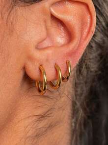 3/6pcs Women's Fashion 18K Gold Plated Stainless Steel Plain Hoop Earrings Set, Simple Design, Waterproof & Fade Resistant, Suitable For Daily Wear - Earrings - View 2