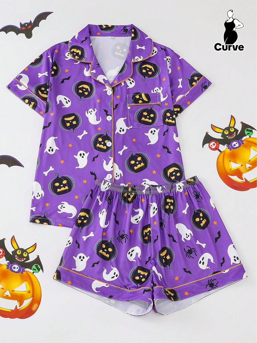 2 件女式加大码亡灵节/万圣节印花睡衣套装，短袖衬衫，有领和纽扣，柔软上衣和松紧腰短裤，时尚日常/家居服，节日睡衣派对装