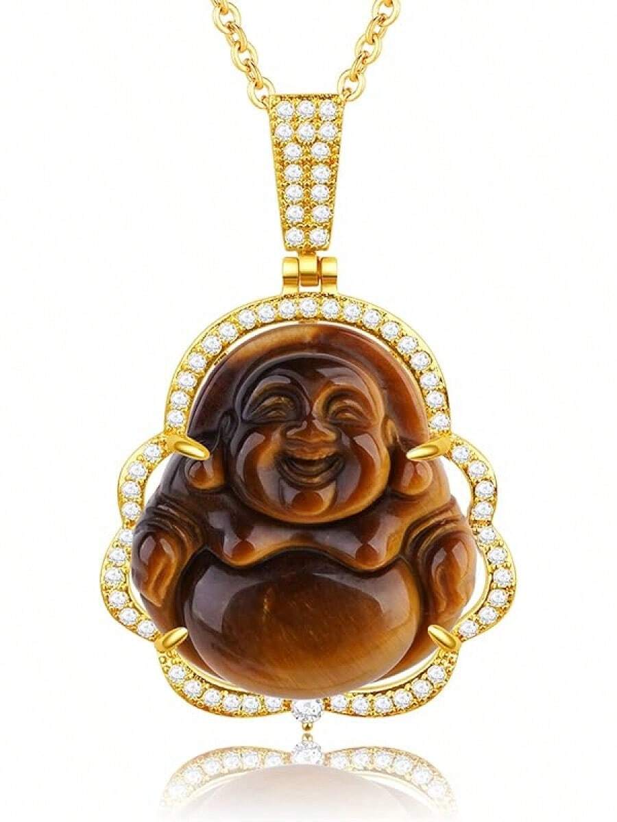 Buddha Necklace Green Jade Laughing Buddha 18K Gold Plated Chain Buddah Necklaces For Women Men Moms Gifts Luxury Jewelry Gifts For Her Him2025 - 金虎眼石 - 查看 1