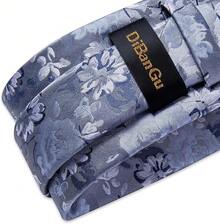 Silk Floral Necktie Set With Tie Clip, Handkerchief & Cufflinks - Silver and Sky Blue - View 2