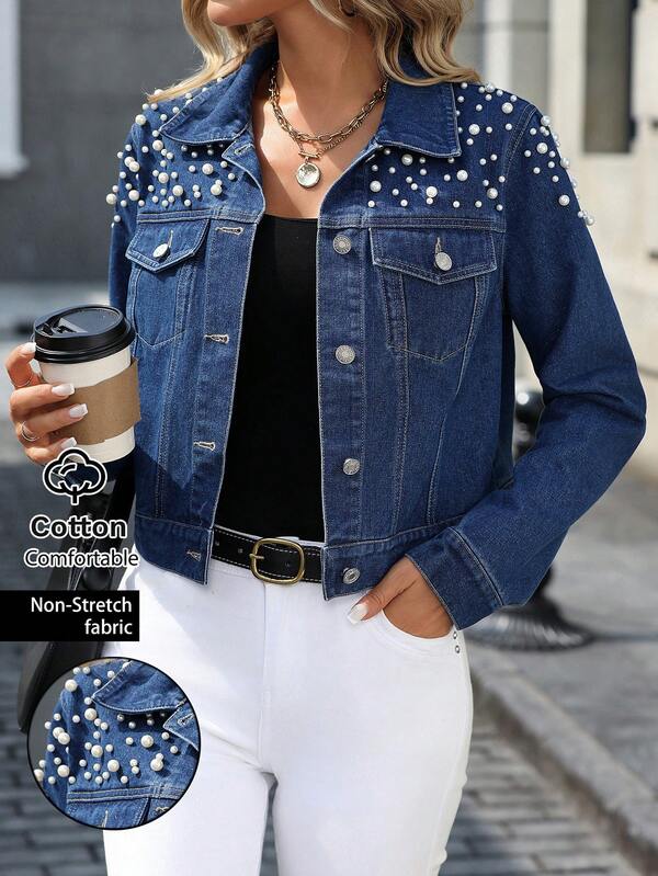 Damen Modejacke aus Jeans mit Niet- und Perlendekor