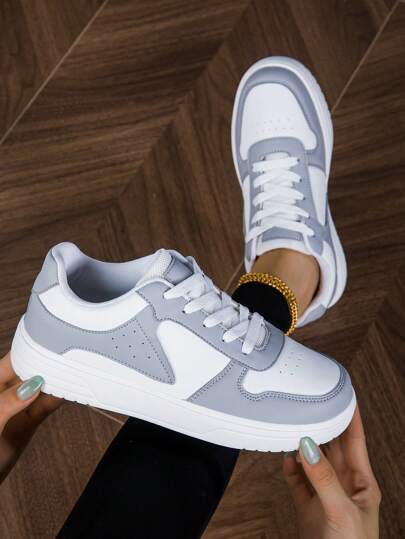 Classic Round Toe Casual Sneakers, Pink & White Lace-Up Thick Sole Sporty Shoes, Suitable For Students, Skateboarding, Campus And Sports, Comfortable And Breathable