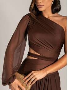 Long Dress For Bridesmaids Wedding Graduation One Elegant Sleeve - Rust Brown - View 6