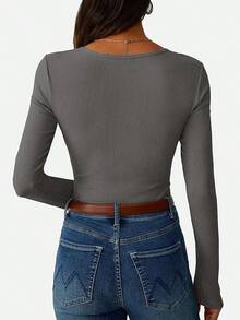 Women's Long Sleeve Tops Henley T Shirts Button Ribbed Slim Fit 2025 Spring Fall Outfits Casual Cute Basic Tee Blouse - Màu xám đen - Xem 5