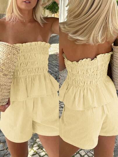 Vaiaye Women's Hawaii Boho Tropical Beach Vacation 2-Piece Set – One-Shoulder Striped Ruffle-Edge Minimalist Everyday Bandeau Top & Shorts, Perfect For Dates, Afternoon Tea, Holidays, Music Festivals And Christmas.