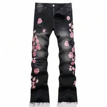2025 New Men Bootcut Jeans Streetwear Heavy Embroidery Plum Design Stretch Free Denim Pants For Men - 黑色 - 查看 2